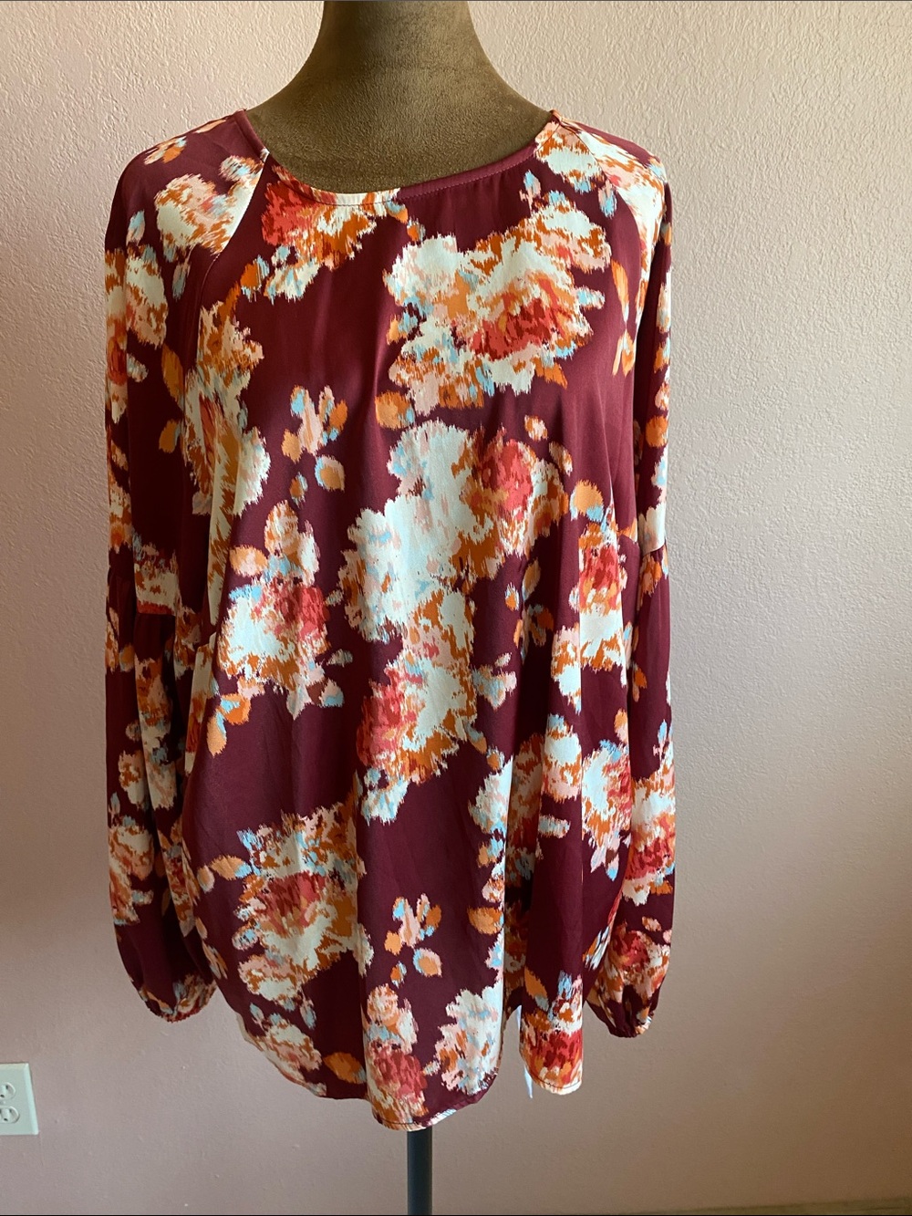 LC LAUREN CONRAD  Burgundy Floral Long-Sleeve Blouse